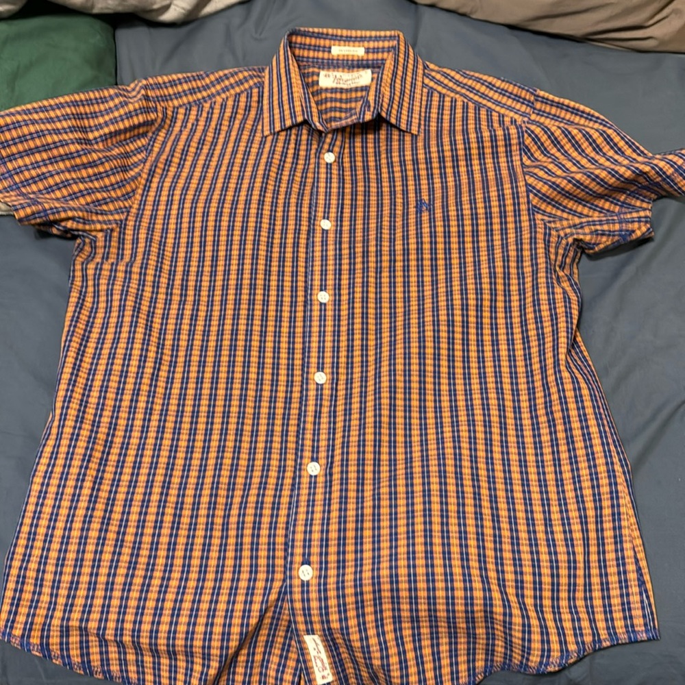 ORIGINAL PENGUIN MENS MEDIUM BUTTON UP SHORT SLEEVE ORANGE BLUE CLASSIC FIT